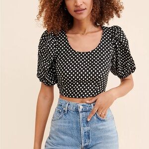 Free People Polka Dot Puff Sleeve Crop Top US 12 UK 16 Black White